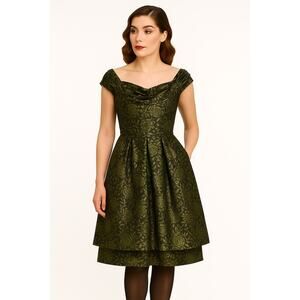 Vintage 1950s Olive Gold Brocade Cocktail Dress with Boned Bodice  XS
